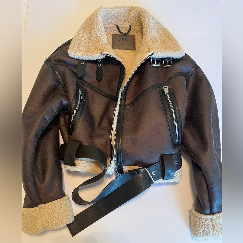 Zara Brown and Cream Moto Jacket with Sherpa Lining